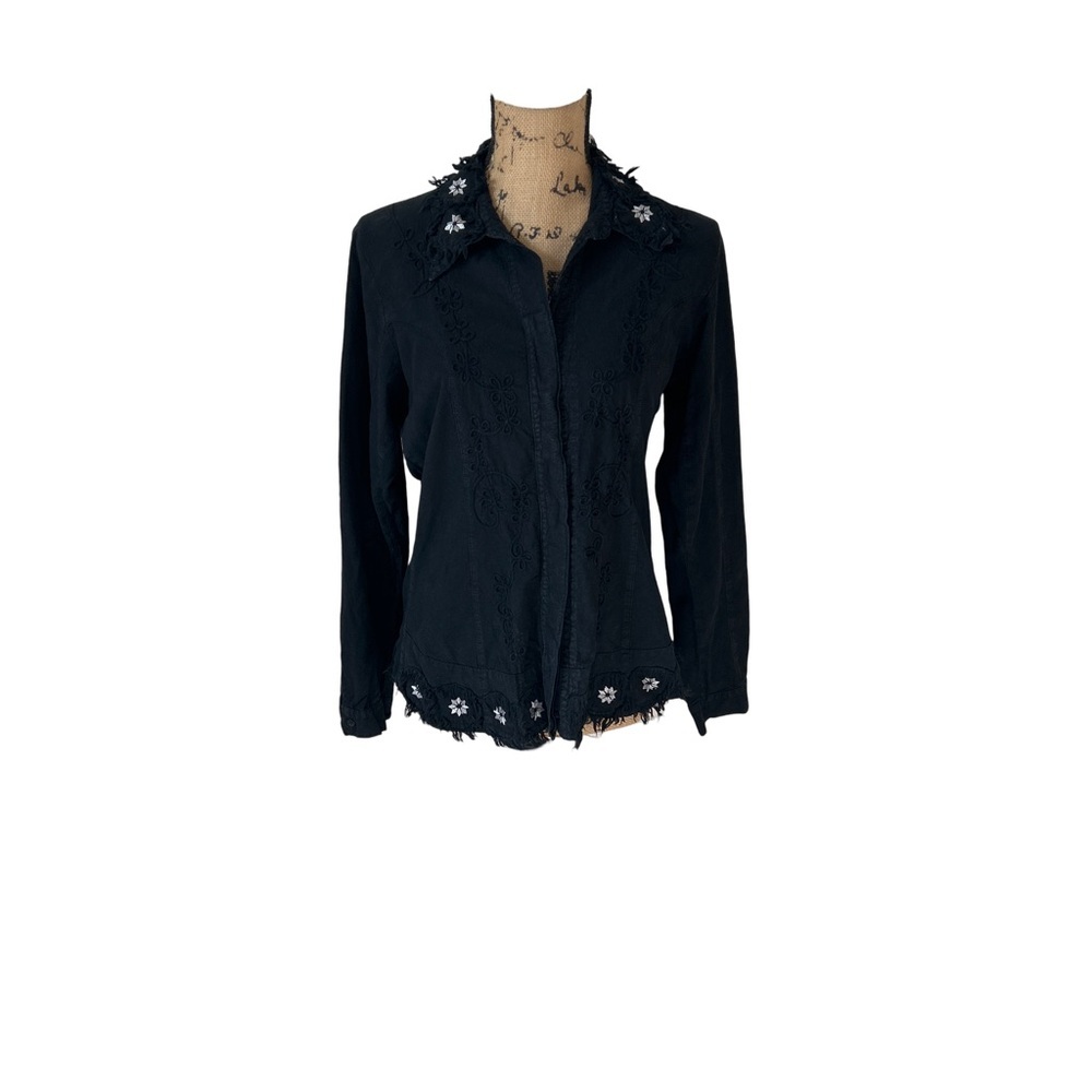 Caamano Women’s Size M Black Distressed Embroidered Peruvian Cotton Boho Top - Picture 9 of 15